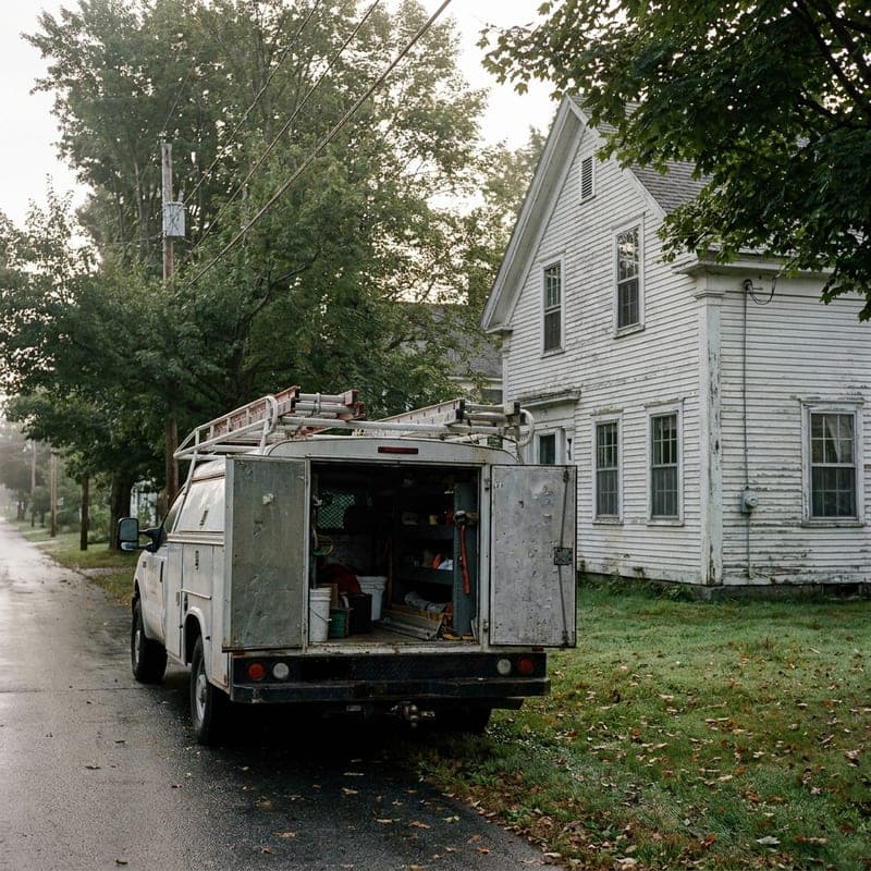 A work truck with a loaded ladder rack parked outside an older clapboard house in early morning.
